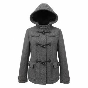 WeSC Thora Hooded Herringbone Wool Blend Duffel Coat Toggle + Zip Gray Size S